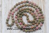 GMN6448 Hand-knotted 8mm, 10mm matte unakite & pink wooden jasper 108 beads mala necklaces