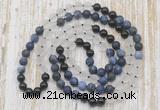 GMN6466 Knotted 8mm, 10mm matte sodalite, white crystal  & black agate 108 beads mala necklaces