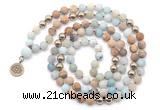 GMN6490 Knotted 8mm, 10mm matte amazonite & picture jasper 108 beads mala necklace with charm