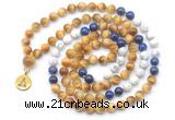 GMN6503 Knotted 8mm, 10mm golden tiger eye, lapis lazuli & matte white howlite 108 beads mala necklace with charm
