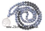 GMN6510 Knotted 8mm, 10mm blue spot stone & black lava 108 beads mala necklace with charm