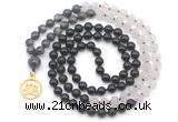 GMN6514 Knotted 8mm, 10mm black labradorite, matte rose quartz  & black agate 108 beads mala necklace with charm
