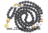 GMN6515 Knotted 8mm, 10mm black lava, matte white howlite & golden tiger eye 108 beads mala necklace with charm