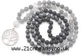 GMN6517 Knotted 8mm, 10mm black lava, black labradorite & cloudy quartz 108 beads mala necklace with charm