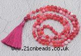 GMN674 Hand-knotted 8mm, 10mm red banded agate 108 beads mala necklaces with tassel
