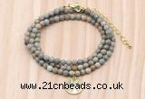 GMN7529 4mm faceted round tiny silver leaf jasper beaded necklace with letter charm