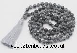 GMN794 Hand-knotted 8mm, 10mm snowflake obsidian 108 beads mala necklace with tassel