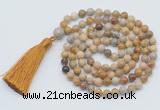 GMN796 Hand-knotted 8mm, 10mm fossil coral 108 beads mala necklace with tassel