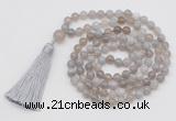 GMN802 Hand-knotted 8mm, 10mm grey banded agate 108 beads mala necklace with tassel