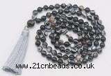 GMN804 Hand-knotted 8mm, 10mm black banded agate 108 beads mala necklace with tassel