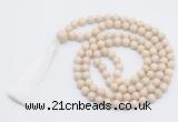 GMN815 Hand-knotted 8mm, 10mm white fossil jasper 108 beads mala necklace with tassel