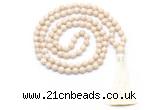 GMN8414 8mm, 10mm white fossil jasper 27, 54, 108 beads mala necklace with tassel