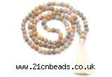 GMN8445 8mm, 10mm matte yellow crazy agate 27, 54, 108 beads mala necklace with tassel