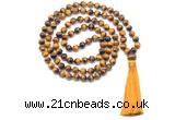 GMN8478 8mm, 10mm grade AA yellow tiger eye 27, 54, 108 beads mala necklace with tassel