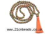 GMN8518 8mm, 10mm unakite 27, 54, 108 beads mala necklace with tassel