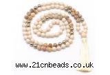 GMN8555 8mm, 10mm white fossil jasper, picture jasper & hematite 108 beads mala necklace with tassel