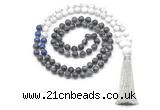 GMN8562 8mm, 10mm black labradorite, lapis lazuli & matte white howlite 108 beads mala necklace with tassel