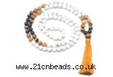 GMN8563 8mm, 10mm matte white howlite & mixed gemstone 108 beads mala necklace with tassel