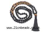 GMN8565 8mm, 10mm matte black agate & yellow tiger eye 108 beads mala necklace with tassel