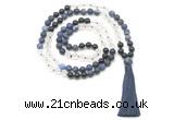 GMN8570 8mm, 10mm matte sodalite, white crystal & black agate 108 beads mala necklace with tassel