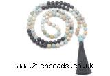 GMN8572 8mm, 10mm matte amazonite & black lava 108 beads mala necklace with tassel