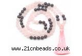 GMN8582 8mm, 10mm rose quartz & garnet 108 beads mala necklace with tassel