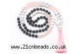 GMN8583 8mm, 10mm black agate, rose quartz & white howlite 108 beads mala necklace with tassel