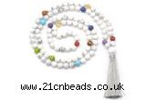 GMN8600 Hand-knotted 7 Chakra 8mm, 10mm white howlite 108 beads mala necklace with tassel