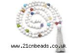 GMN8601 Hand-knotted 7 Chakra 8mm, 10mm white howlite 108 beads mala necklace with tassel