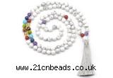 GMN8602 Hand-knotted 7 Chakra 8mm, 10mm white howlite 108 beads mala necklace with tassel