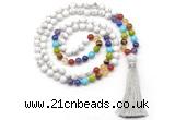 GMN8605 Hand-knotted 7 Chakra 8mm, 10mm white howlite 108 beads mala necklace with tassel