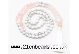 GMN8626 8mm, 10mm matte white howlite & rose quartz 108 beads mala necklace with tassel