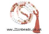 GMN8628 8mm, 10mm matte white howlite, red jasper & cherry quartz 108 beads mala necklace with tassel