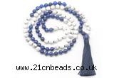 GMN8633 8mm, 10mm white howlite & lapis lazuli 108 beads mala necklace with tassel