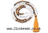 GMN8634 8mm, 10mm white howlite & yellow tiger eye 108 beads mala necklace with tassel