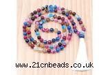 GMN8823 Hand-Knotted 8mm, 10mm Colorful Banded Agate 108 Beads Mala Necklace