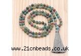 GMN8832 Hand-Knotted 8mm, 10mm Indian Agate 108 Beads Mala Necklace