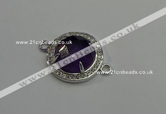 NGC5019 20mm flat round amethyst with rhinestone connectors