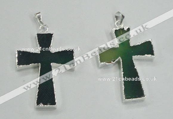 NGP1286 32*45mm cross green agate pendants with brass setting