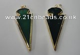 NGP1291 30*65mm green agate pendants with brass setting