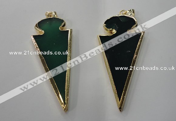 NGP1291 30*65mm green agate pendants with brass setting