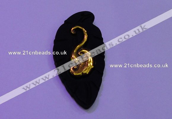 NGP2001 22*45mm carved gold plated matte black obsidian pendants