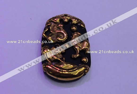 NGP2010 30*40mm carved gold plated matte black obsidian pendants