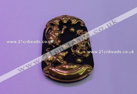 NGP2013 38*55mm carved gold plated matte black obsidian pendants