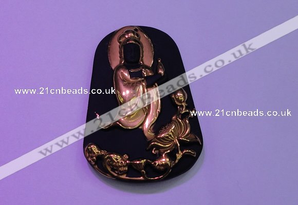 NGP2031 40*60mm carved gold plated matte black obsidian pendants