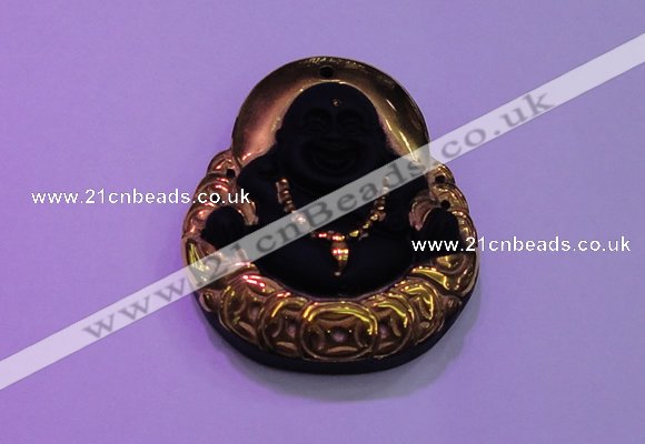 NGP2037 40*45mm carved gold plated matte black obsidian pendants