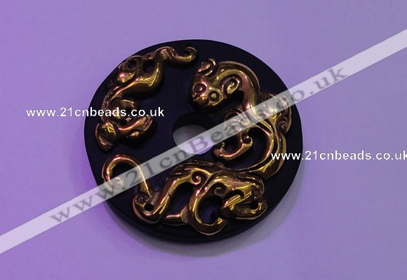 NGP2044 50mm carved gold plated matte black obsidian pendants