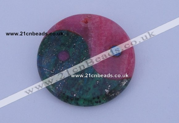 NGP208 6*40mm coin dyed rhodochrosite & chrysocolla gemstone pendant