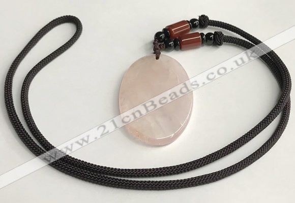 NGP5593 Rose quartz oval pendant with nylon cord necklace