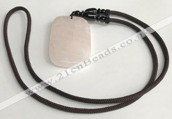 NGP5595 Rose quartz rectangle pendant with nylon cord necklace